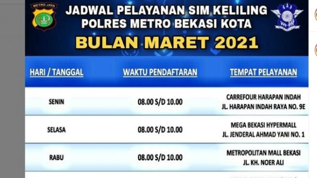 Jadwal dan Lokasi SIM Keliling Bekasi Rabu 17 Maret 2021