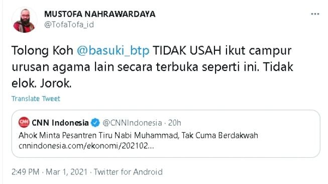 Cuitan Mustofa Nahrawardaya soal Ahok (twitter.com/@TofaTofa_id)