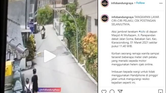 Ngeri! Gadis Pejalan Kaki di Bandung Dijambret hingga Keseret Belasan Meter