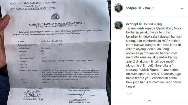 Nora Alexandra membuat laporan polisi dengan tuduhan fitnah terhadap seseorang. [Instagram]