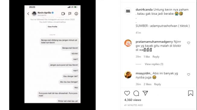 Viral Kevin Aprilio Balas DM Netizen.[Instagram/@duni4canda]