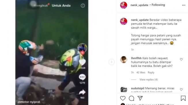 Viral dua pemuda lempar batu ke sawah.[Instagram/@nenk_update]