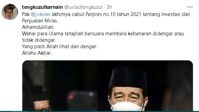 Cuitan Tengku Zul soal perpres miras yang dicabut (twitter)