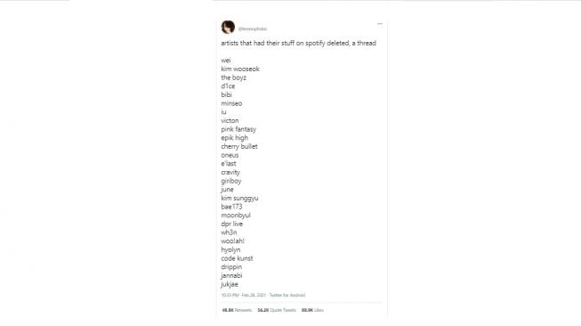 List lagu K-Pop yang dihapus dari Spotify. [Twitter]