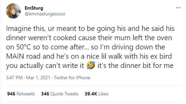 Masakan Ibu Dijadikan Alasan, Pria Ini Ternyata Asyik Selingkuh (twitter.com/emmasturgessxxx)