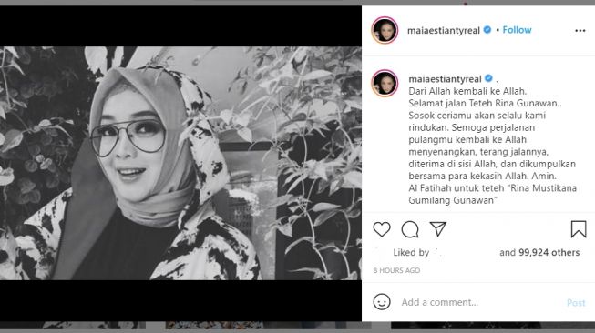 Maia Estianty menyampaikan ucapan duka cita dan mengenang sosok ceria Mendiang Rina Gunawan.[Instagram/@maiaestianty]