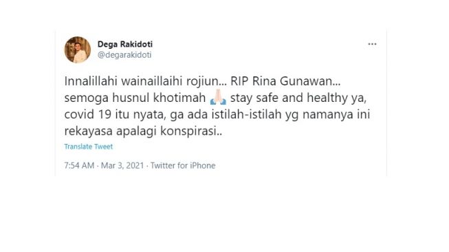 Cuitan berduka kepergian Rina Gunawan. [Twitter]