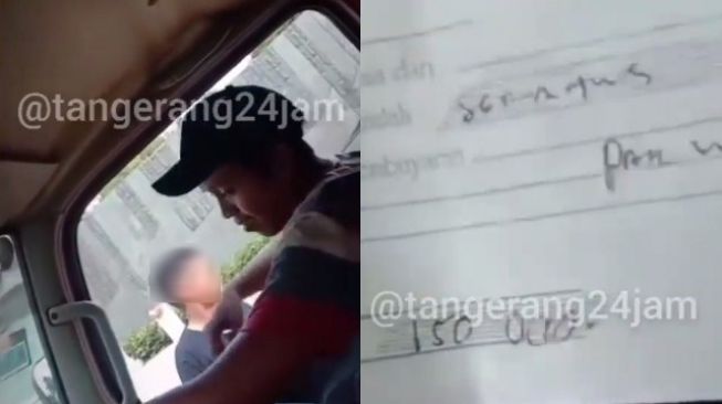 Foto kolae tangkapan layar video viral aksi pungli terhadap sopir truk di Tangerang yang dipalak Rp 150 ribu. [Instagram]