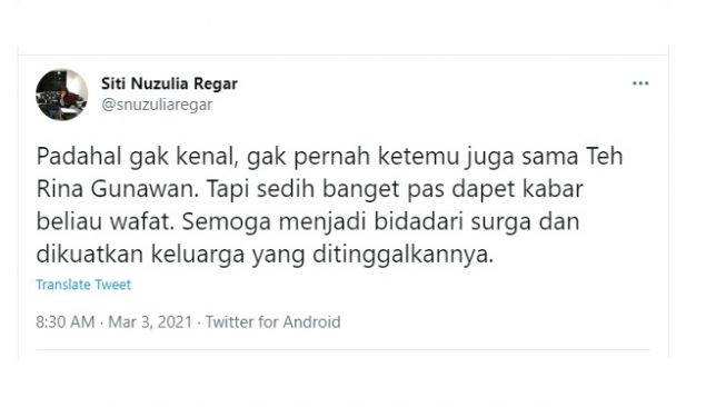 Cuitan berduka kepergian Rina Gunawan. [Twitter]