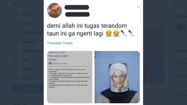 Tugas sekolah absurb bikin face shield unik. [Twitter]