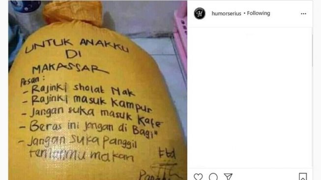 Karung beras kiriman orang tua untuk anaknya yang merantau (Instagram @humorserius)