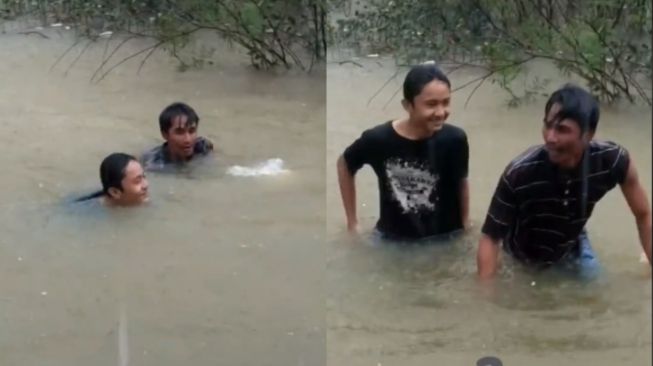 Bikin Publik Iri, Ayah dan Anak Hujan-hujanan Pamer Aksi Salto saat Banjir