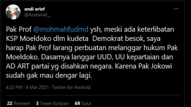 Cuitan Andi Arief lapor ke Mahfud MD soal tudingannya ke Moeldoko.[Twitter/@AndiArief__]