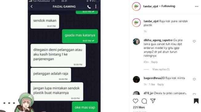 Driver diancam akan diberi bintang 1 oleh pelanggan (instagram)