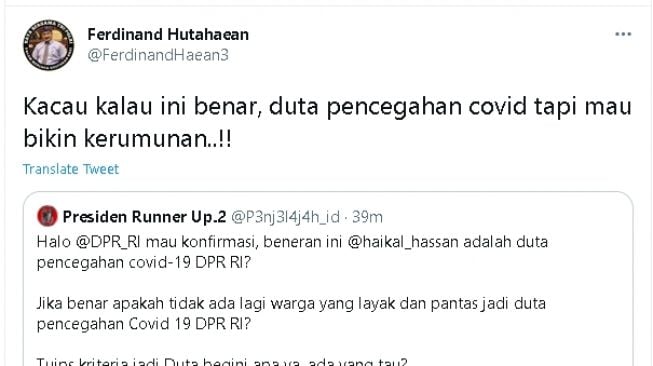 Cuitan Ferdinanad Hutahaean soal poster yang menyebut Babe Haikal Duta Pencegahan Covid-19 (Twitter)