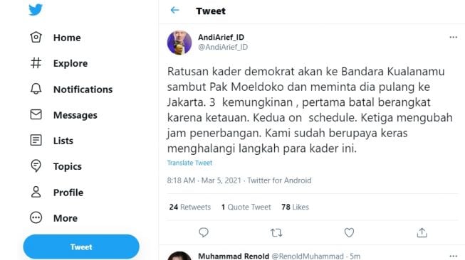 Cuitan Andi Arief soal kehadiran Moeldoko ke Bandara Kualanamu.[Twitter/@AndiArief_ID]