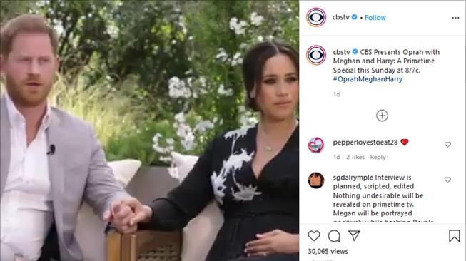 Cuplikan trailer wawancara Pangeran Harry dan Meghan Markle di acara Oprah. (Instagram/@cbstv)