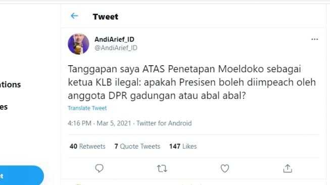 Cuitan Andi Arief Soal terpilihnya Kepala Staf Kepresidenan Moeldoko sebagai Ketua Umum Partai Demokrat dalam KLB di Sumut.[Twitter/@AndiArief_ID]