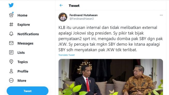 Cuitan Ferdinand Hutahaean soal KLB Partai Demokrat.[Twitter/@FerdinandHutahean3]