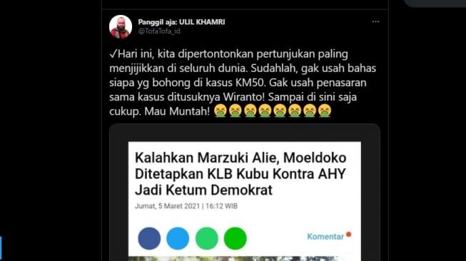 Cuitan Mustofa Nahrawardaya menyebut KLB Demokrat pertunjukan menjijikkan [Twitter/@TofaTofa_id]