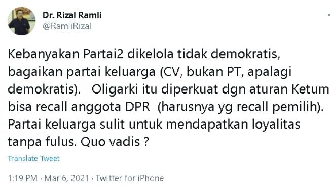 Cuitan Rizal Ramli soal 'Partai Keluarga' (Twitter)