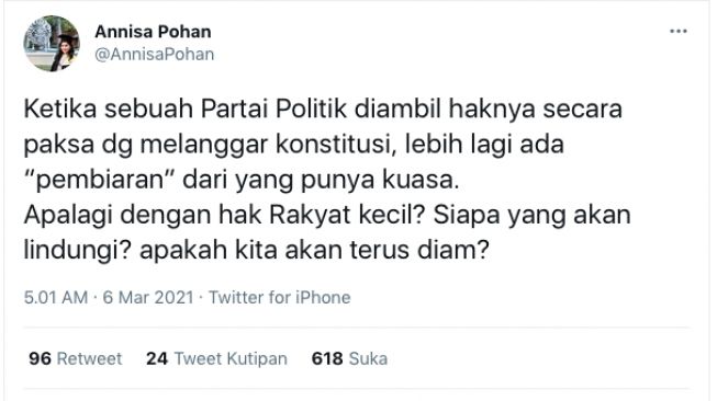 Tangkapan layar cuitan Annisa Pohan di Twitter. 