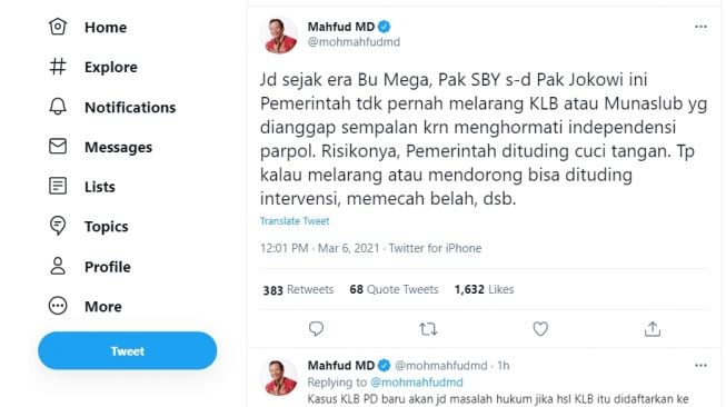 Cuitan Mahfud MD soal KLB Partai Demokrat.[Twitter/@mohmahfudmd]