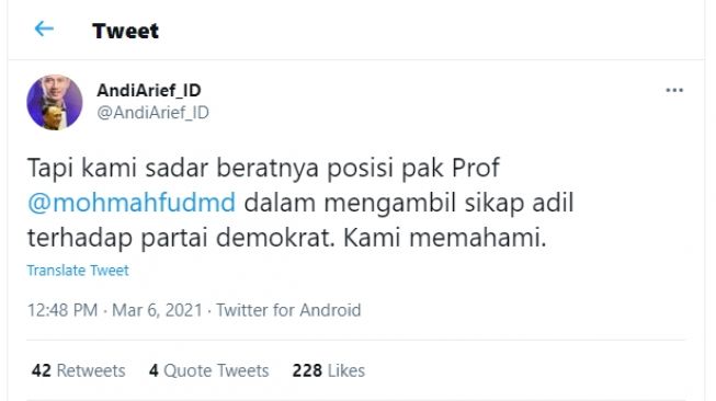 Cuitan Andi Arief menanggapi Mahfud MD.[Twitter/@AndiArief_ID]