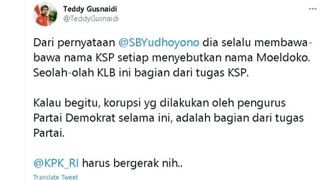 Cuitan Teddy Gusnaidi untuk SBY (twitter)