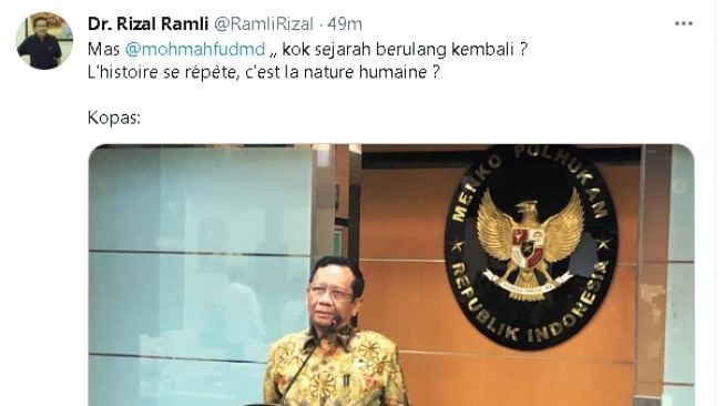 Cuitan Rizal Ramli terkait pernyataan Mahfud MD (twitter)