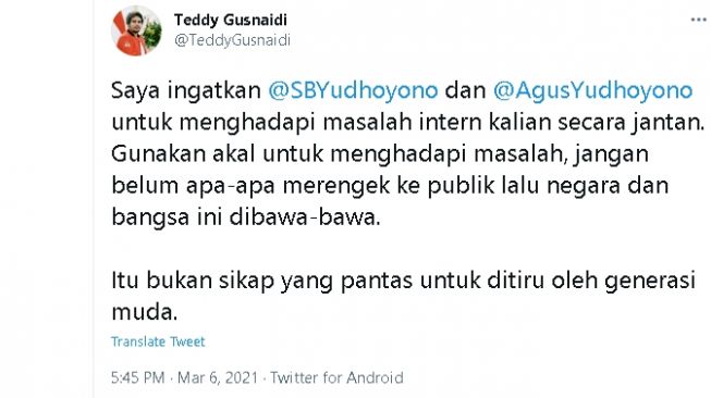 Cuitan Teddy Gusnaidi untuk SBY dan AHY (twitter)