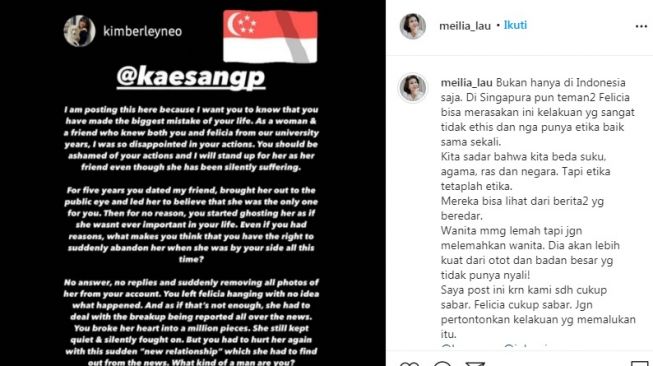 Unggahan ibu Felicia Tissue soal Kaesang Pangarep [Instagram/@meilia_lau]