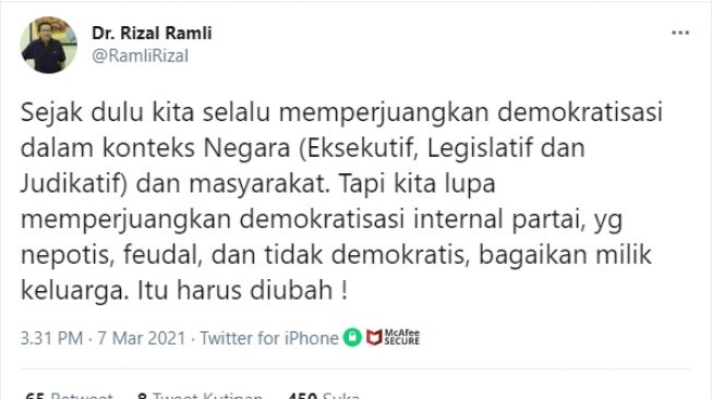 Kudeta Partai Ramai Dibicarakan, Rizal Ramli Singgung Soal Nepotisme