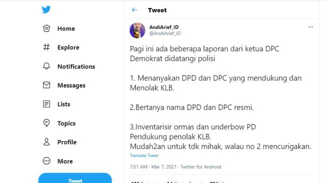 Cuitan Andi Arief menyebut DPC dan DPD Partai Demokrat didatangi polisi.[Twitter/@AndiArief]