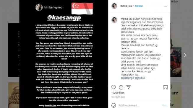 Unggahan teman Kaesang dan Felicia. [Instagram/@meilia_lau]