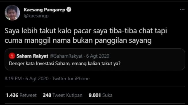 Cuitan Kaesang Pangarep soal Felicia Tissue. (Twitter/kaesangp)