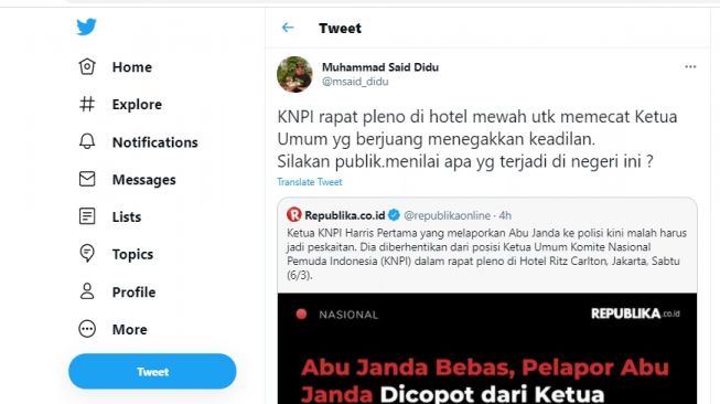 Cuitan Said Didu soal pemecatan Haris Pertama.[Twitter/@msaid_didu]