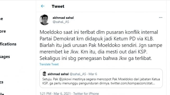 Cuitan Gus Sahal soal terpilihnya Moeldoko sebagai Ketua Umum Partai Demokrat melalui KLB Deli Serdang, Sumatera Utara.[Twtter/@sahal_AS]