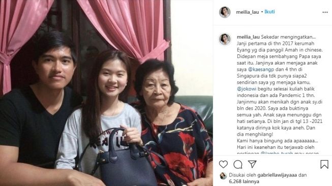 Unggahan ibu Felicia Tissue soal Kaesang Pangarep [Instagram/@meilia_lau]