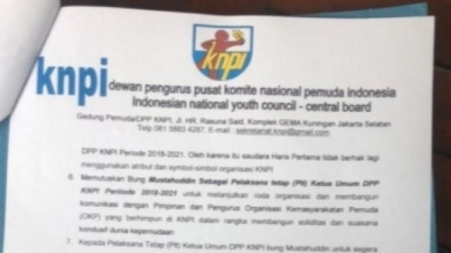 Beredar surat pemecatan Haris Pertama sebagai ketua umum DPP KNPI di media sosial.[Ist]