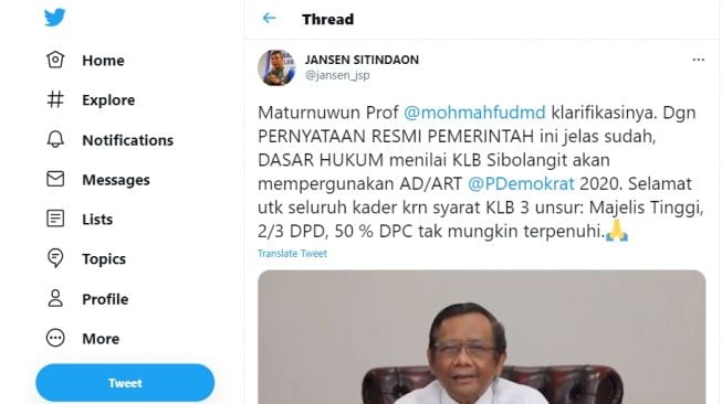 Cuitan Jansen Sitindaon soal klarifikasi Menkopolhukam Mahfud MD.[Twitter/@jansen_jsp]