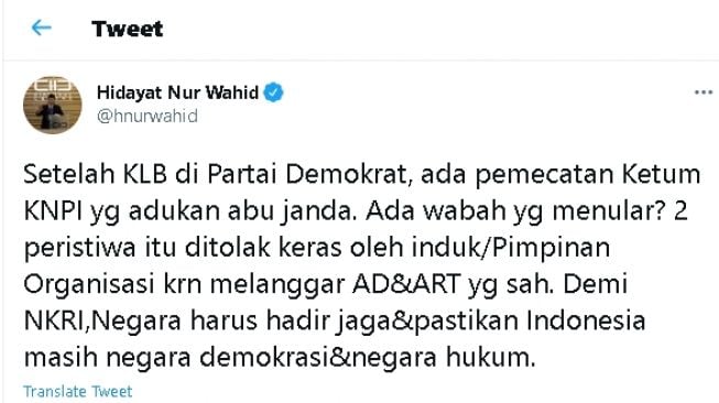 Cuitan HNW soal pemecatan ketum KNPI yang laporkan Abu Janda (twitter.com/@hnurwahid)