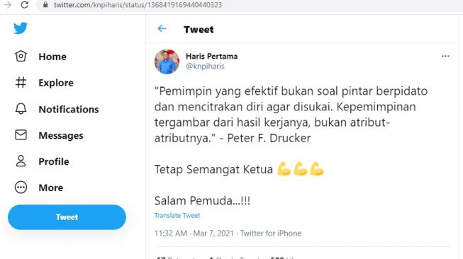 Cuitan Haris Pertama.[Twitter/@knpiharis]