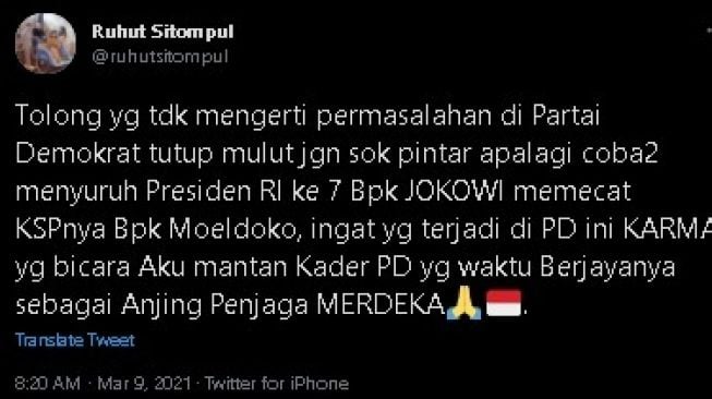 Cuitan Ruhut Sitompul soal kisruh Demokrat. (Twitter/@ruhutsitompul)