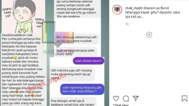 Curhat wanita kesal punya tetangga hobi nitip cabai. (Instagram/@mak_inpoh)