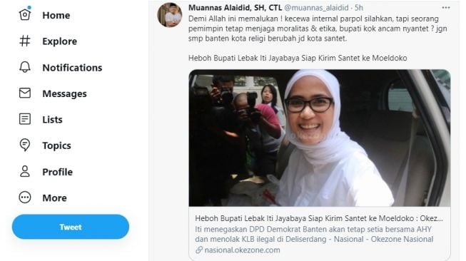 Cuitan Muannas Alaidid soal santet Moeldoko.[Twitter/@muannas_alaidid]