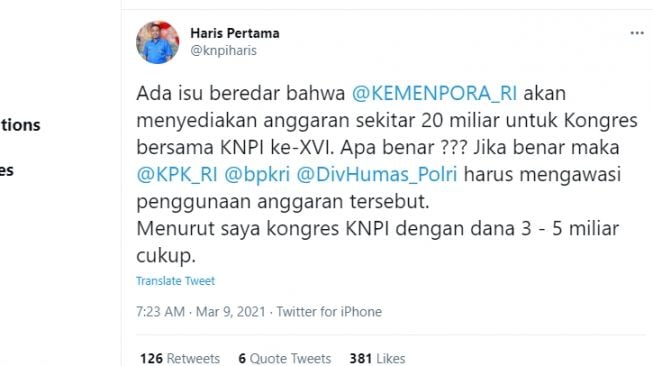 Cuitan Haris Pertama soal anggaran Kongres Bersama KNPI.[Twitter/@knpiharis]