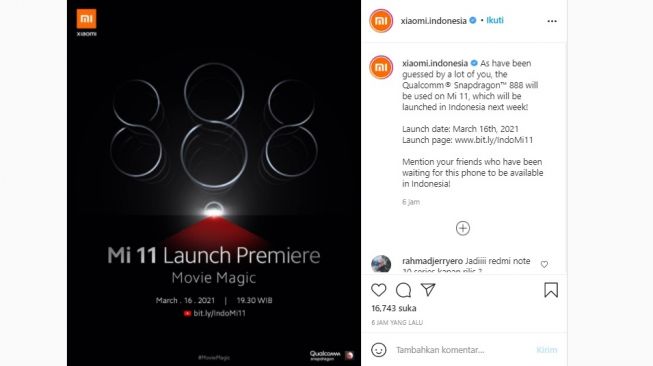 Bocoran tanggal peluncuran Xiaomi Mi 11. [Instagram]