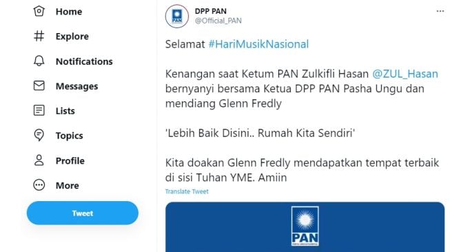 Cuitan DPP PAN tentang Hari Musik.[Twitter/@Official_PAN]