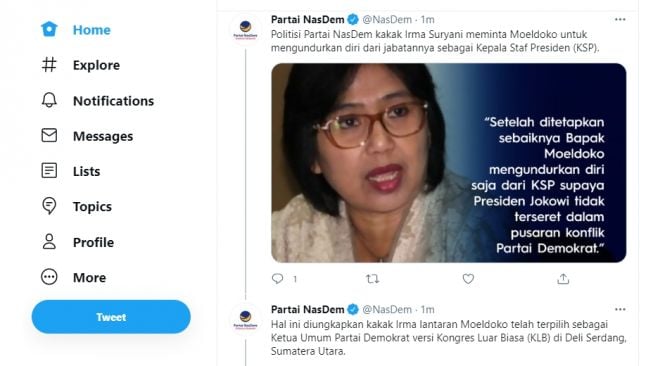 Cuitan Partai NasDem tentang pernyataan Irma yang meminta Kepala Staf Kepresidenan Moeldoko mundur dari jabatannya.[Twitter/@NasDem]